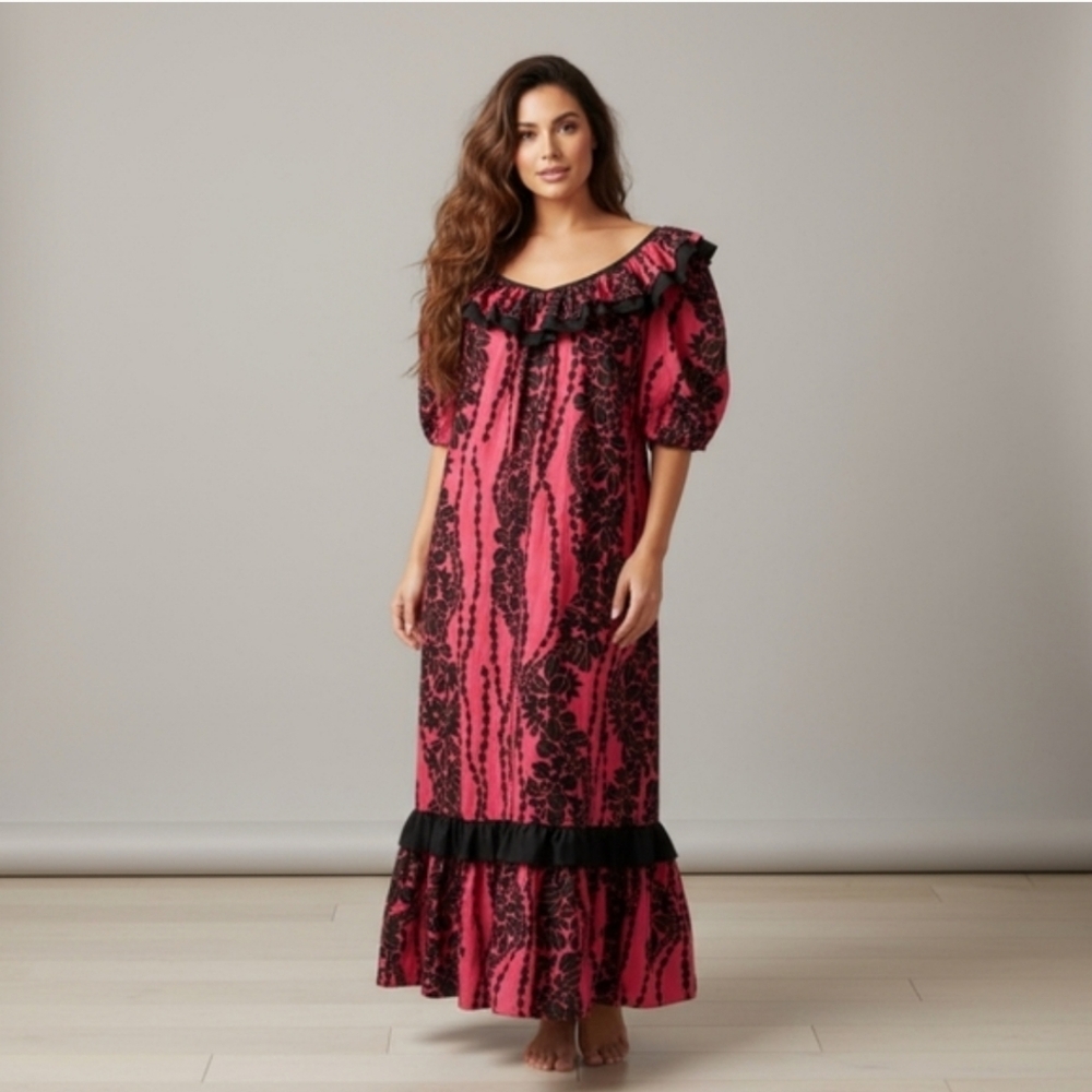 Vintage 70'-80'sHilo Hattie Dark Pink and Black Ruffle Dress. Like New!